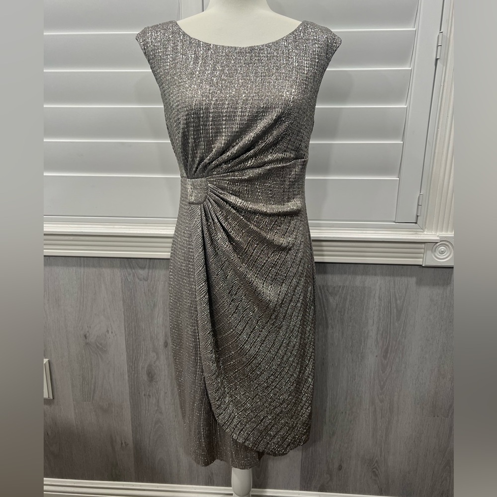 Dressbarn Collection Metallic Silver Ruched Sheath Dress Size 8 Cocktail